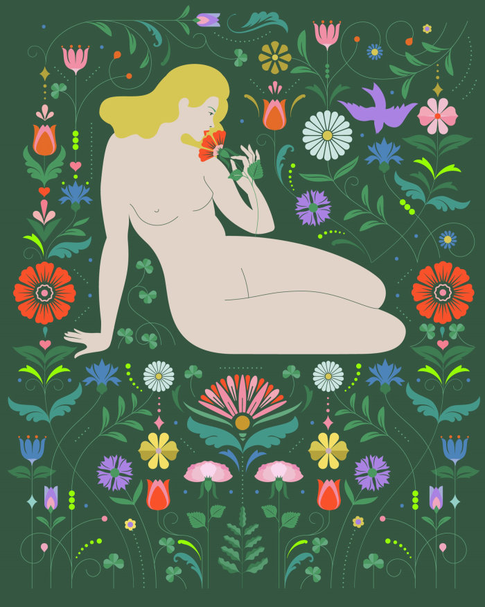 Naked sexy young lady with flowers