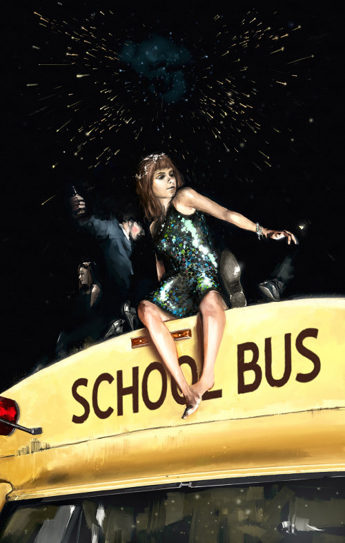 Chica de la noche de baile de personas en el autobús escolar