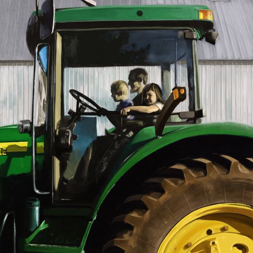 Family in farm tractor