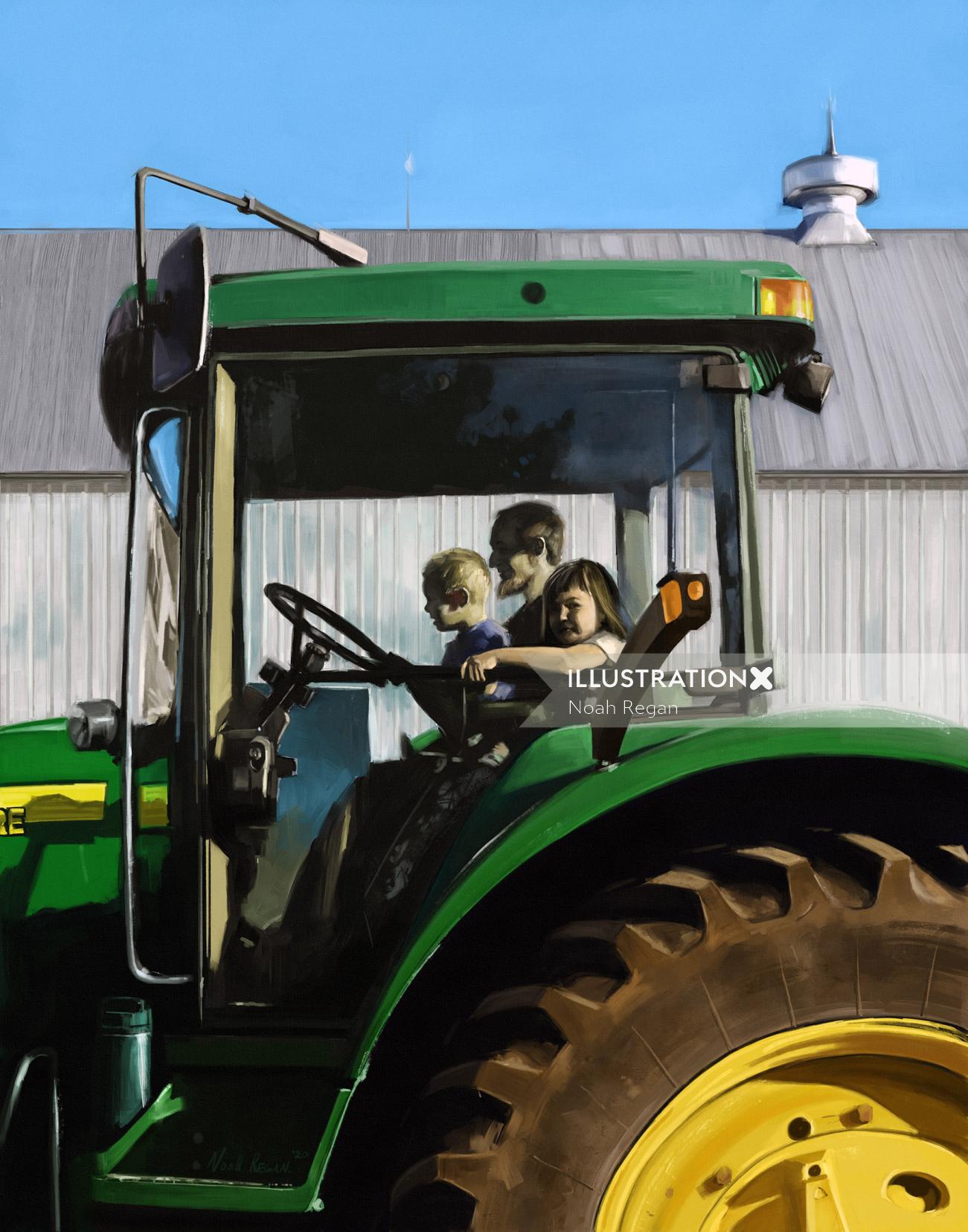 Family in farm tractor