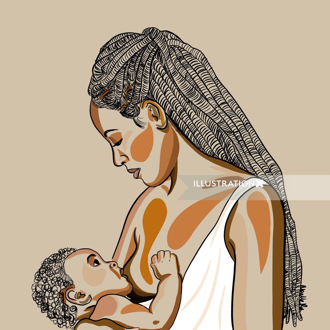 Digital painting of mother breastfeeding 
