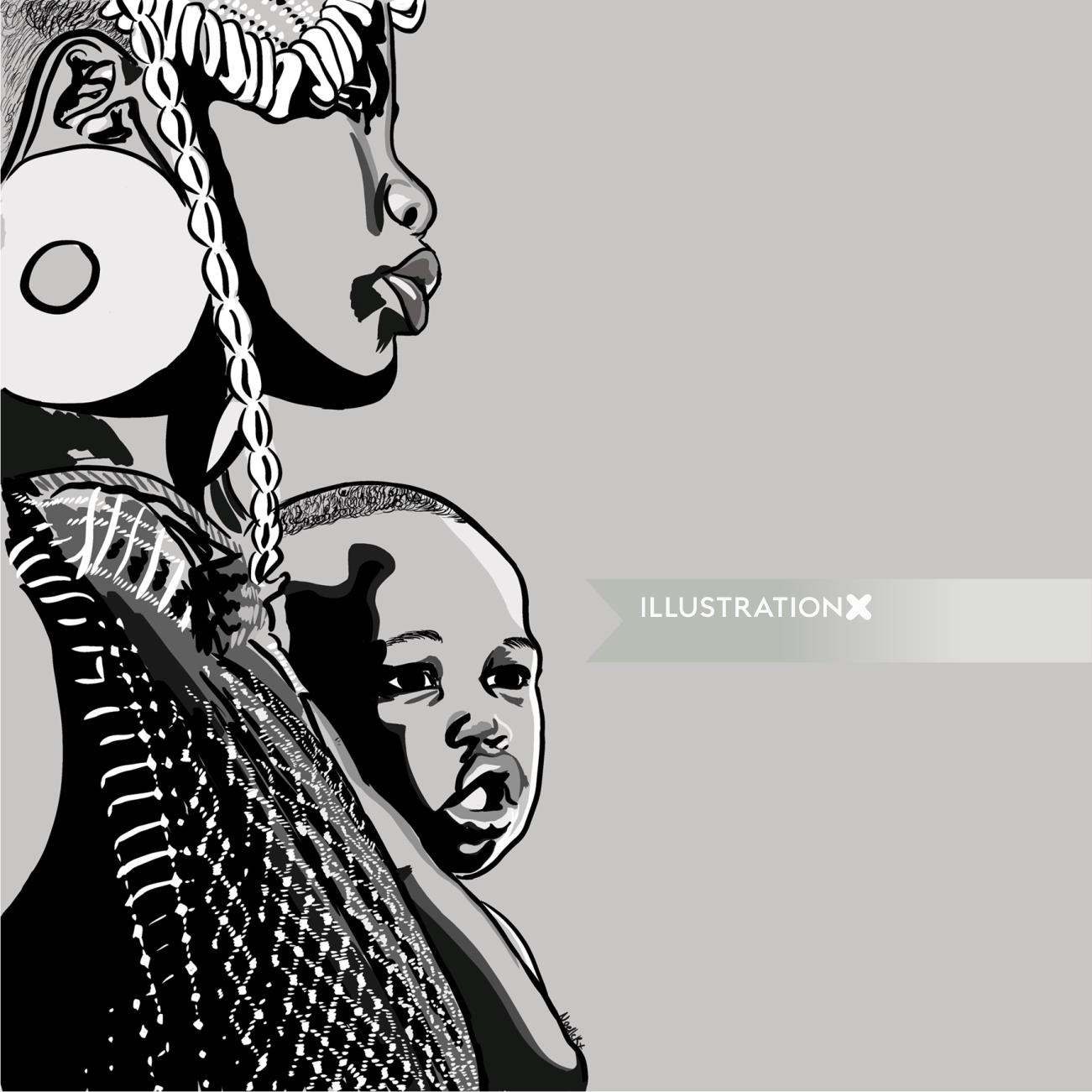 Black motherhood black and white illustration 