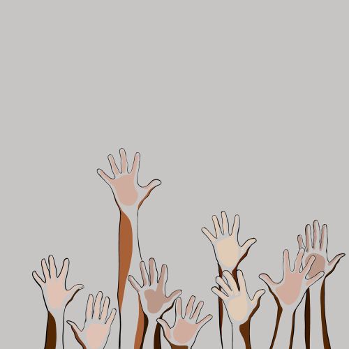 People with hands up line and color illustration