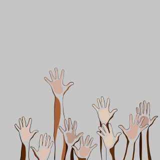 手を挙げている人々の線画とカラーイラスト