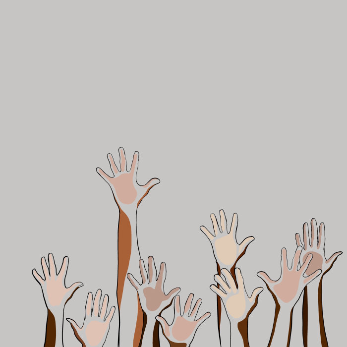 People with hands up line and color illustration