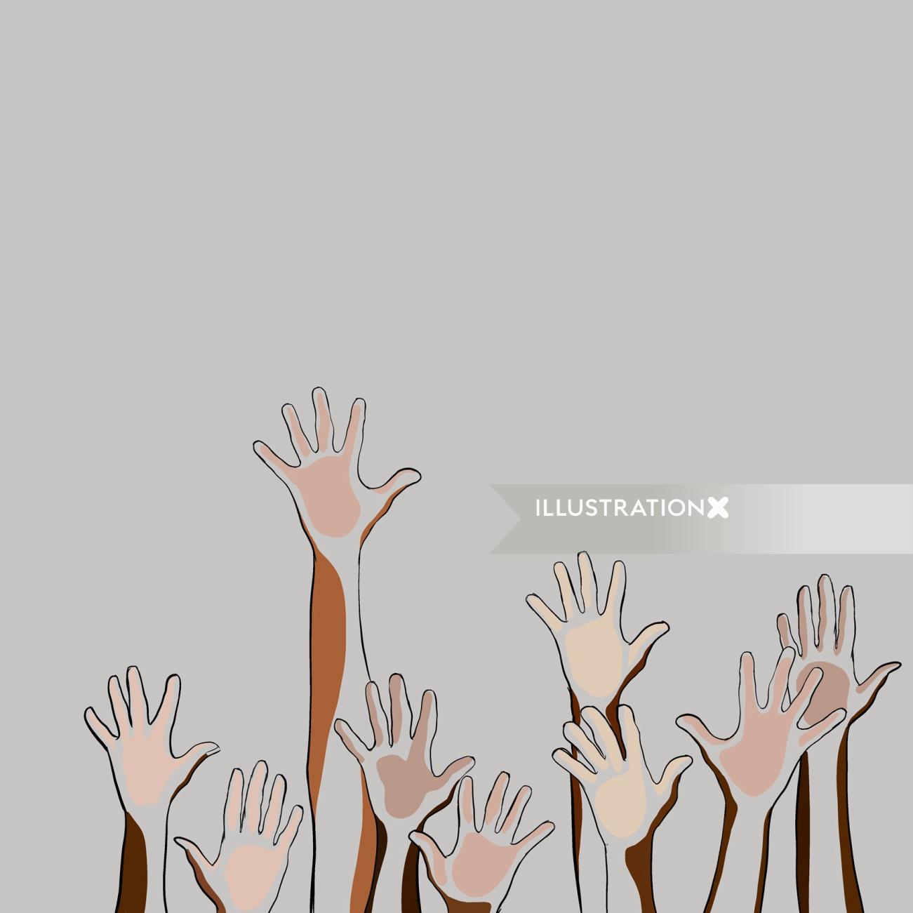Personas con la línea de manos arriba y la ilustración de color.