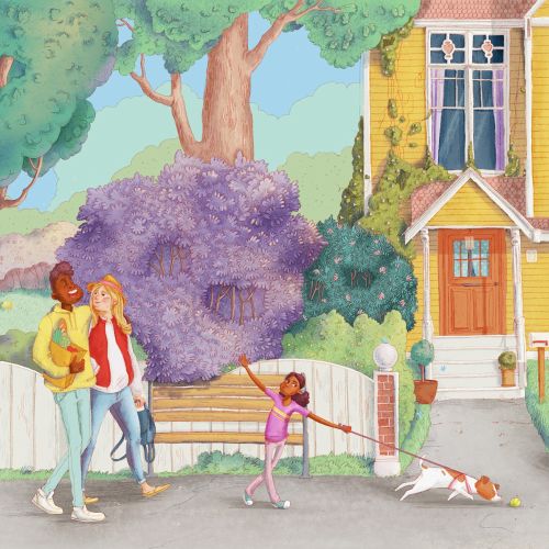 Family walking dog by yellow house with child on scooter by Olga Popova