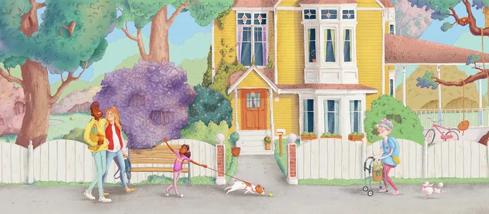 Family walking dog by yellow house with child on scooter by Olga Popova