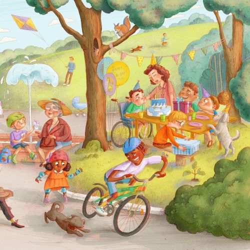 Colorful park scene with food truck and people enjoying outdoors by Olga Popova