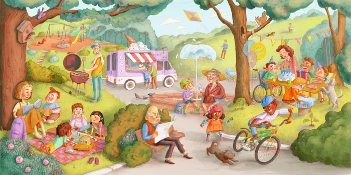 Colorful park scene with food truck and people enjoying outdoors by Olga Popova