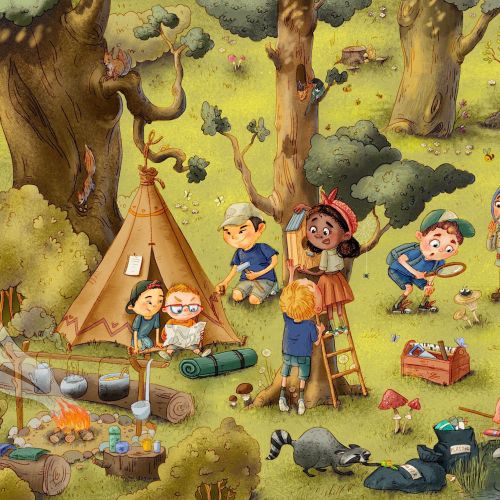 Children playing games and exploring nature in a forest clearing, artwork by Olga Popova