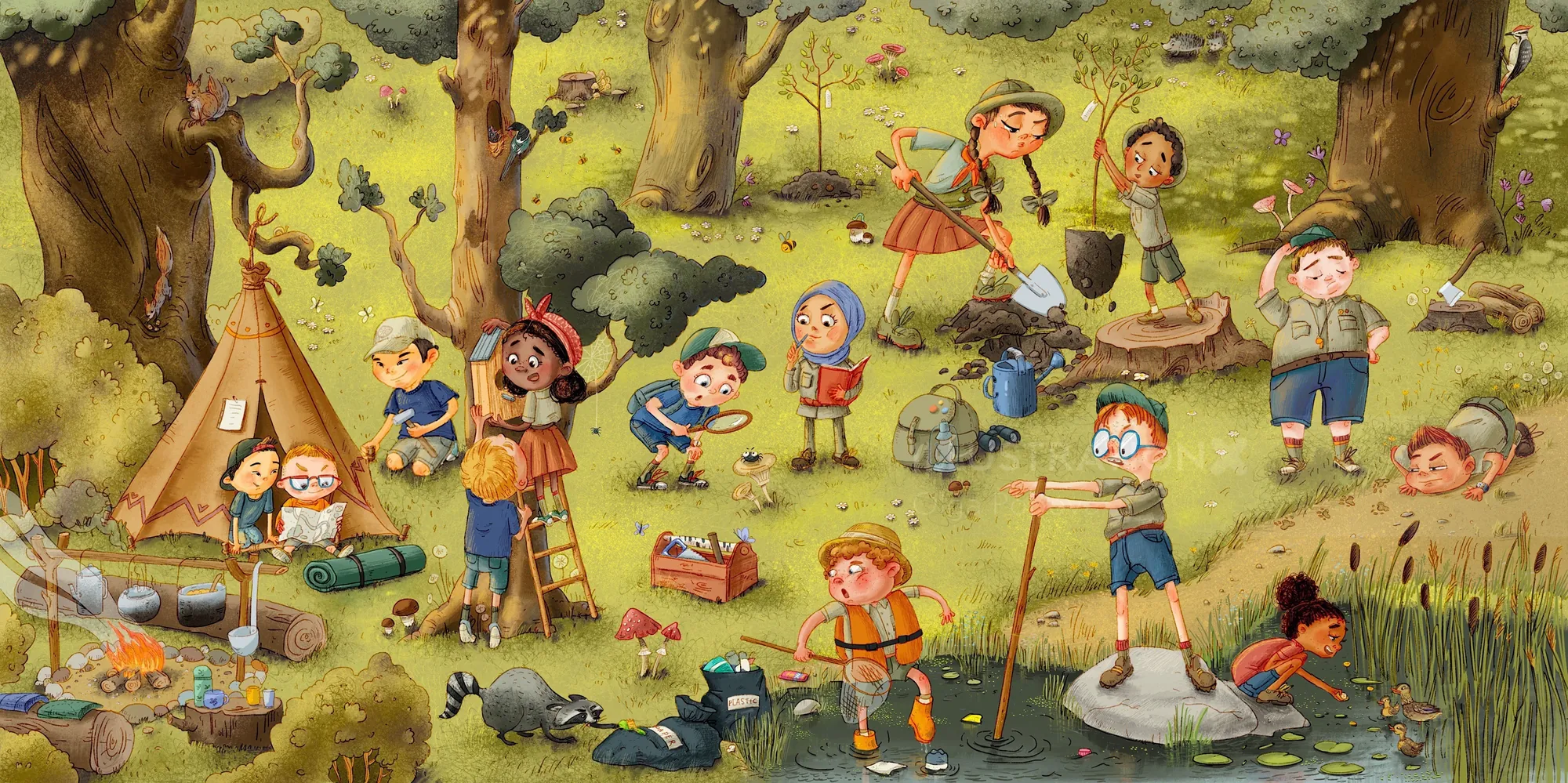 Children playing games and exploring nature in a forest clearing, artwork by Olga Popova