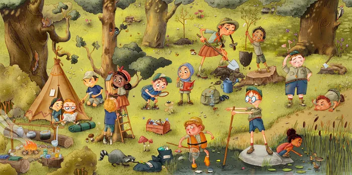 Children playing games and exploring nature in a forest clearing, artwork by Olga Popova