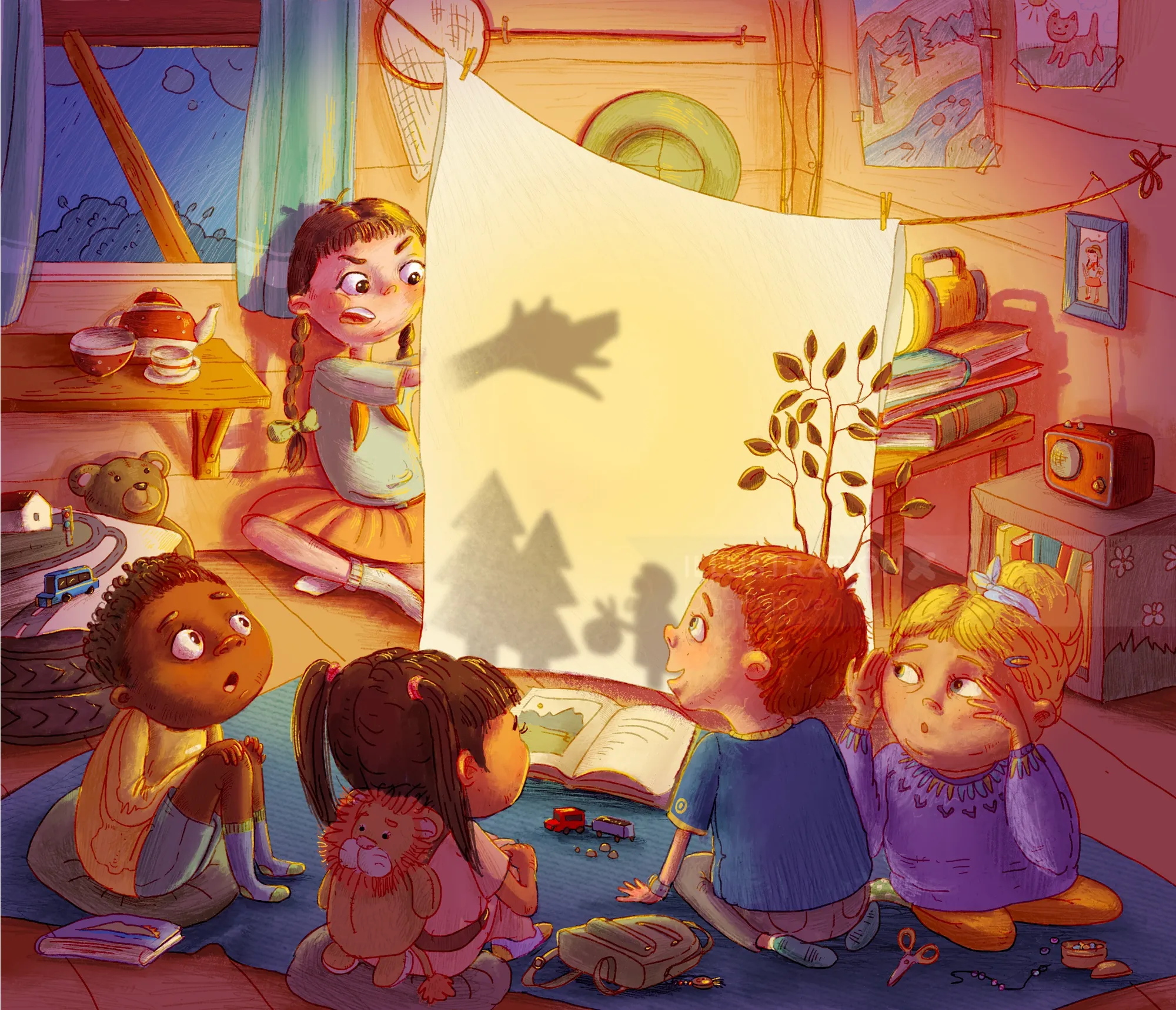 Children watching shadow puppet play inside a warm cozy room by Olga Popova