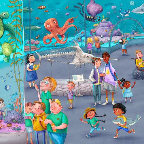 Children and adults viewing marine life at aquarium, by Olga Popova