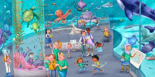 Children and adults viewing marine life at aquarium, by Olga Popova