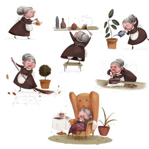 Elderly woman doing daily tasks like tea drinking and plant watering by Olga Popova