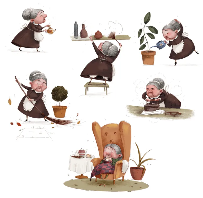 Elderly woman doing daily tasks like tea drinking and plant watering by Olga Popova