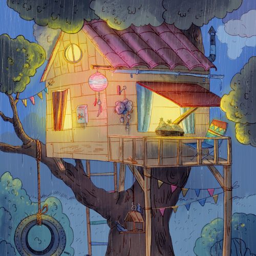 Cozy illuminated treehouse at night with tire swing and toys by Olga Popova