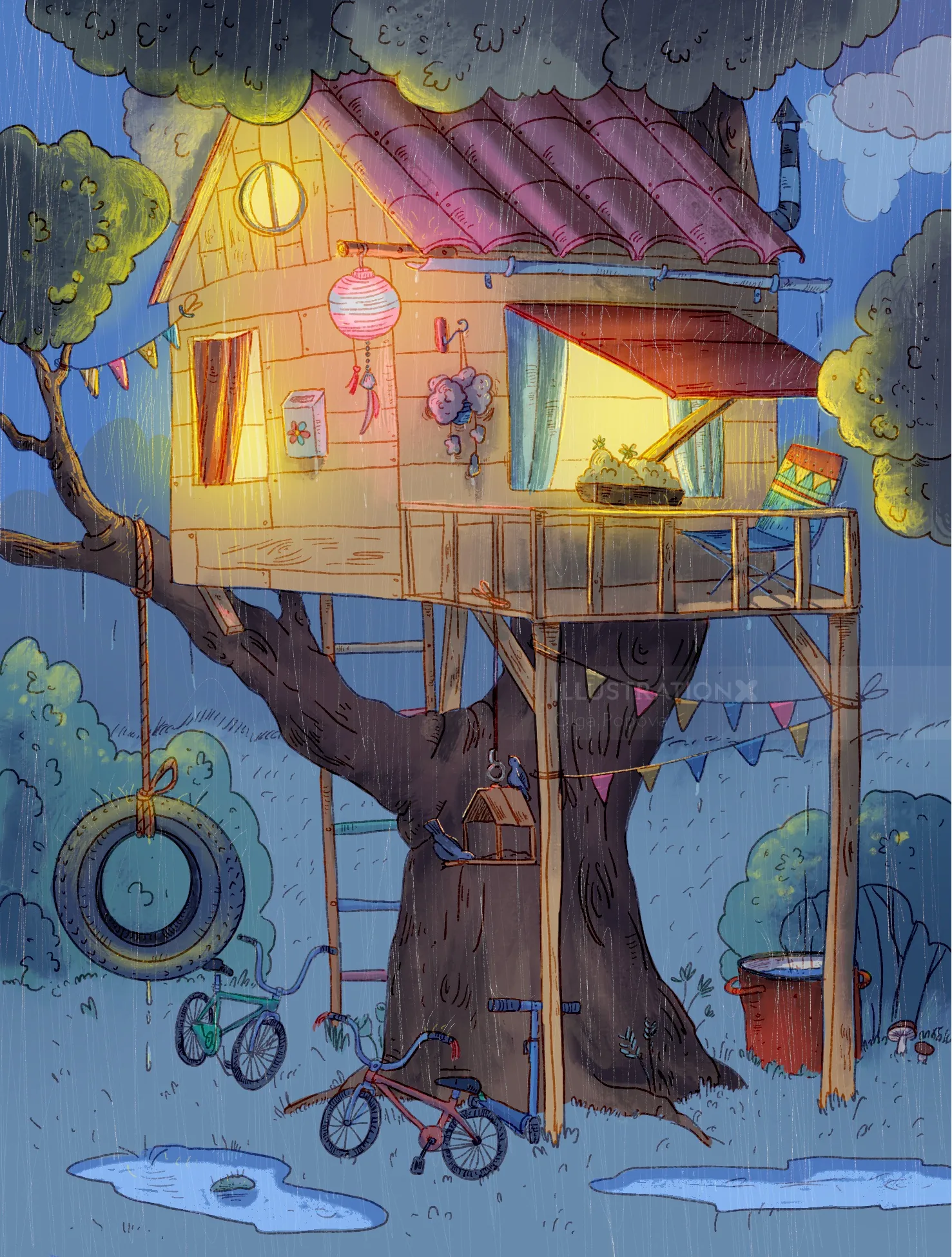 Cozy illuminated treehouse at night with tire swing and toys by Olga Popova