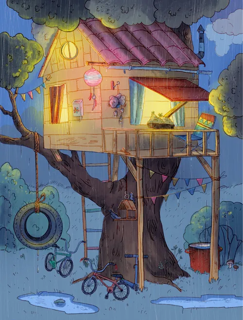Cozy illuminated treehouse at night with tire swing and toys by Olga Popova