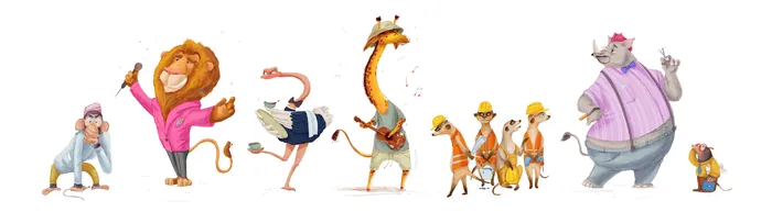 Cartoon animals including pig, giraffe, and others dancing, by Olga Popova