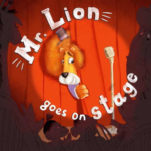 Mr. Lion character peeking behind red stage curtains with microphone by Olga Popova