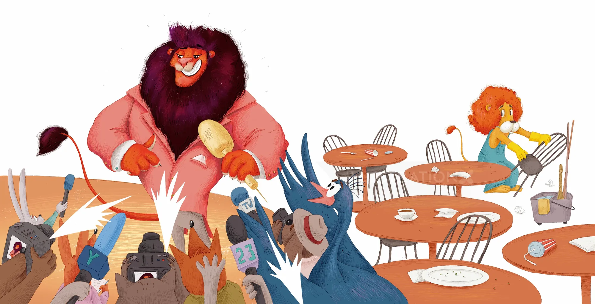 Lion holding sandwich with hyenas reaching out and lioness cleaning tables by Olga Popova