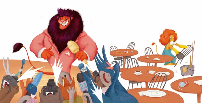 Lion holding sandwich with hyenas reaching out and lioness cleaning tables by Olga Popova