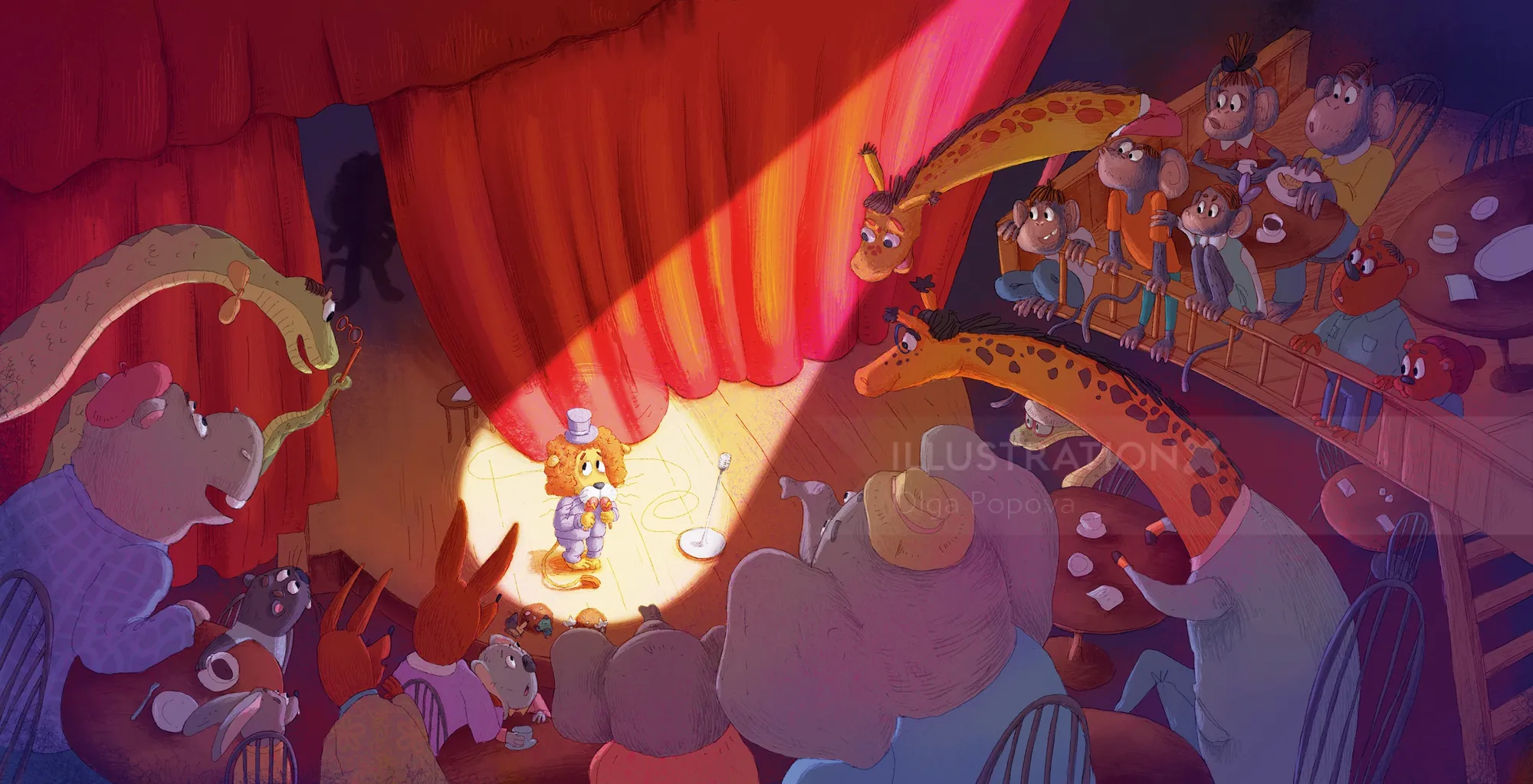 Circus performer on stage with an audience of different animals by Olga Popova