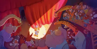 Circus performer on stage with an audience of different animals by Olga Popova