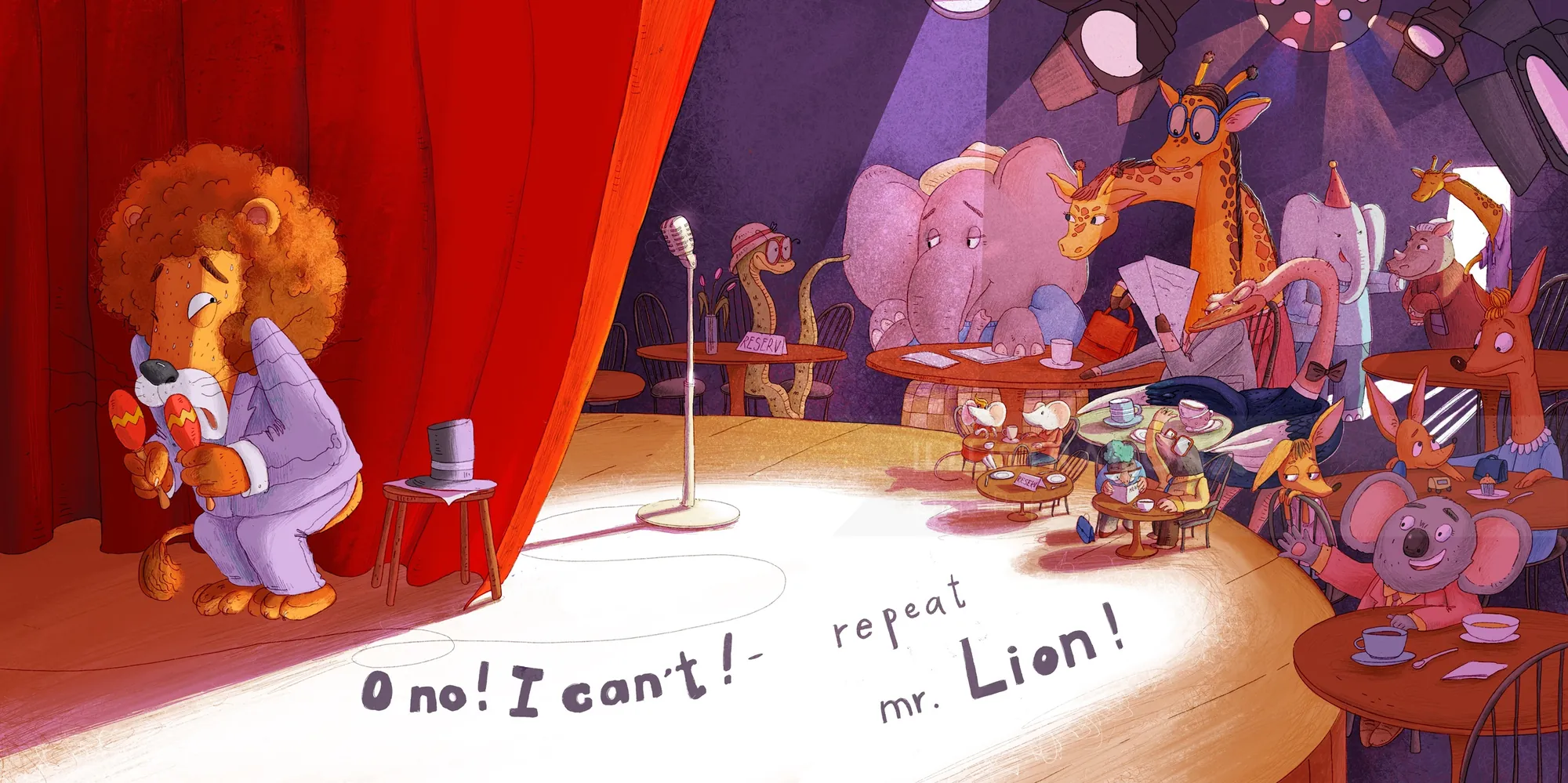 Colorful lion singing on stage with various animals watching, by Olga Popova