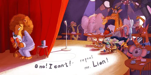 Colorful lion singing on stage with various animals watching, by Olga Popova