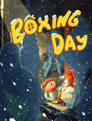 Boxing Day winter scene with child and dog by a lantern in snow by Olga Popova