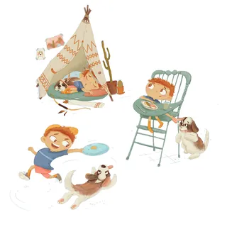 Children playing outdoors with dog near teepee and high chair by Olga Popova