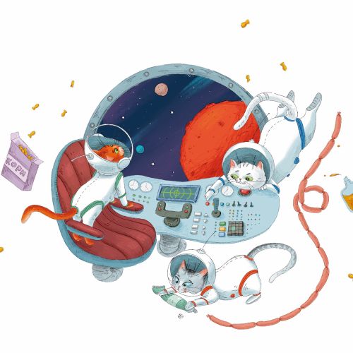 Three cats floating in a spaceship wearing spacesuits by Olga Popova