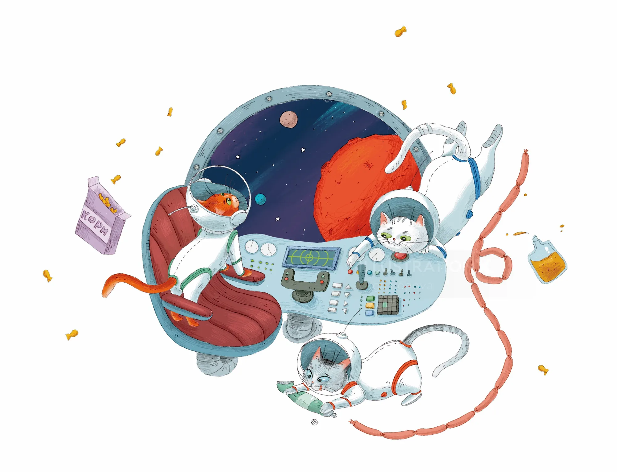 Three cats floating in a spaceship wearing spacesuits by Olga Popova