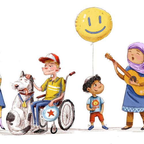 Illustration of diverse children with disabilities and different ethnicities by Olga Popova