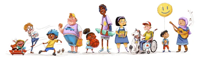 Illustration of diverse children with disabilities and different ethnicities by Olga Popova