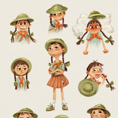 Illustration of a girl in 9 different emotional expressions and poses by Olga Popova