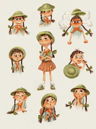 Illustration of a girl in 9 different emotional expressions and poses by Olga Popova