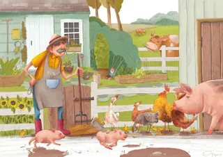 Farmer feeding pigs and other farm animals by a barn, by Olga Popova