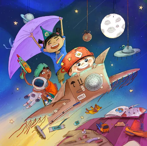 Children flying spaceship in space by Olga Popova