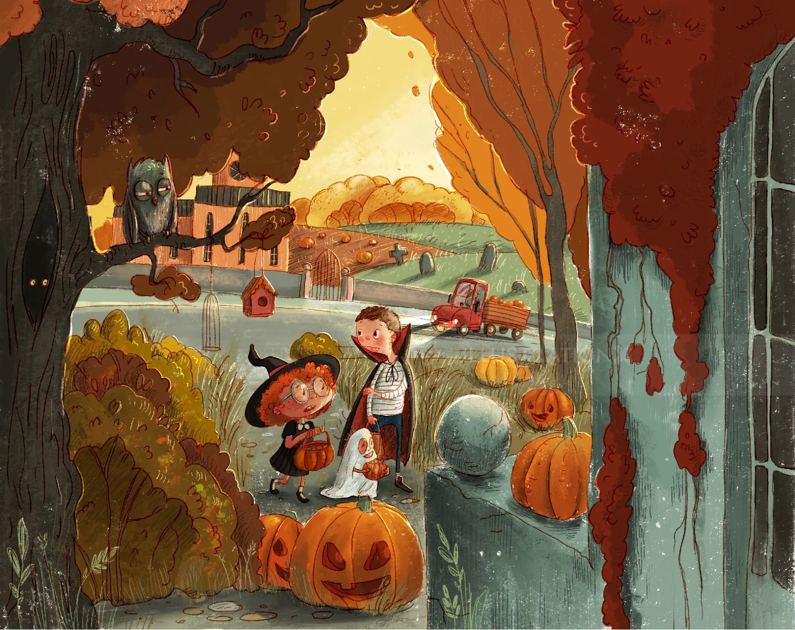 Two children in Halloween costumes with pumpkins and autumn trees by Olga Popova