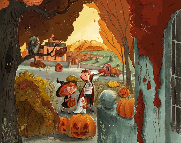 Two children in Halloween costumes with pumpkins and autumn trees by Olga Popova