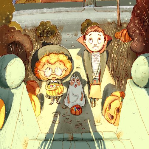Illustration of two children and a ghost in autumn near clock tower by Olga Popova