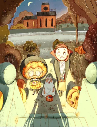 Illustration of two children and a ghost in autumn near clock tower by Olga Popova