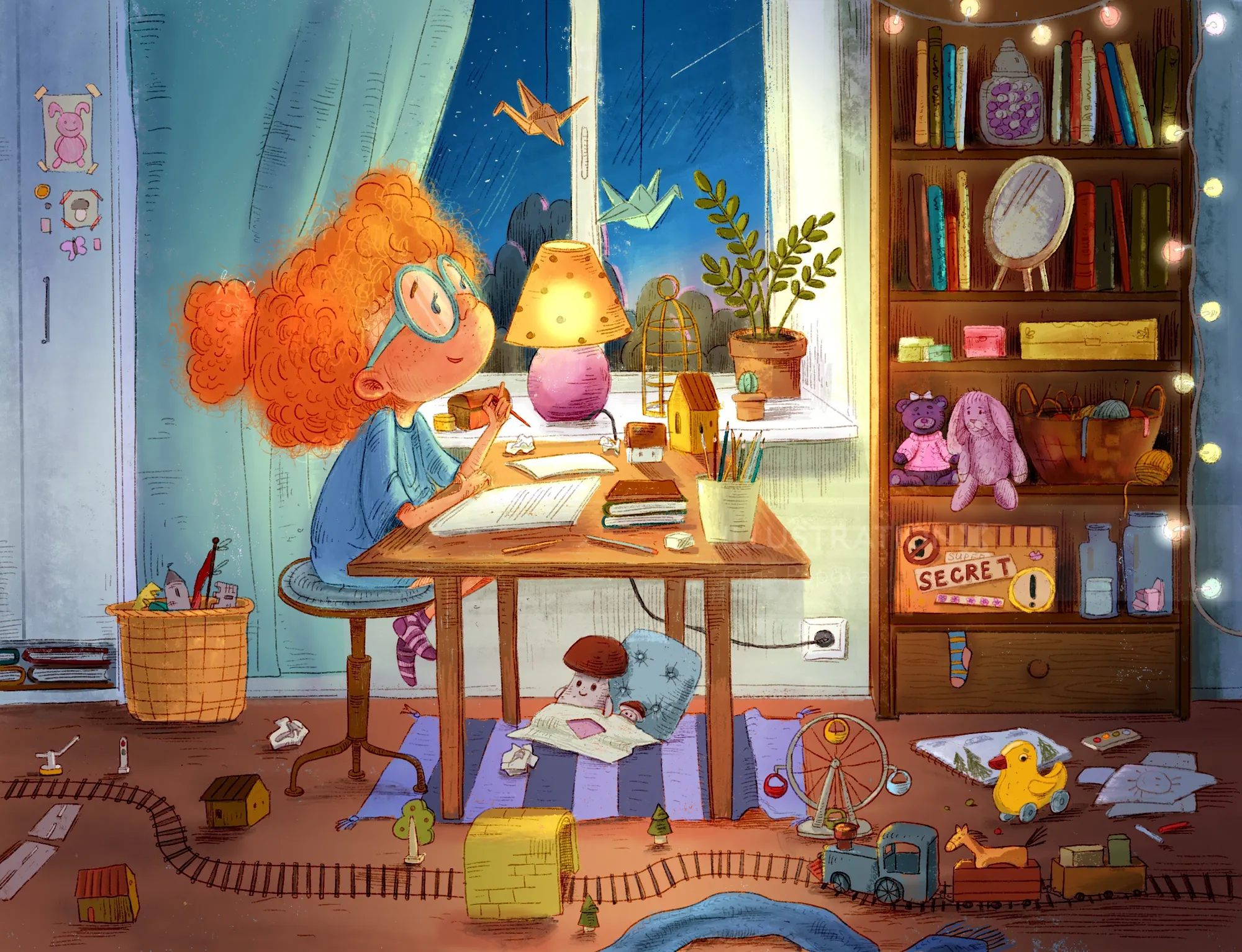 Child writing at desk with toys and books in room by Olga Popova