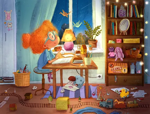 Child writing at desk with toys and books in room by Olga Popova
