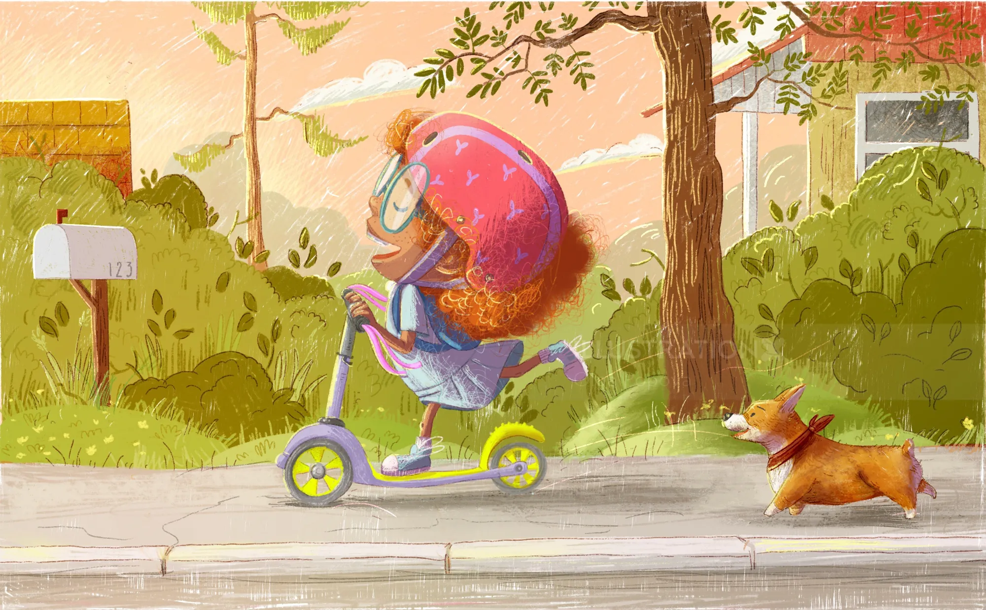 Girl rides scooter on sidewalk with dog running nearby by Olga Popova